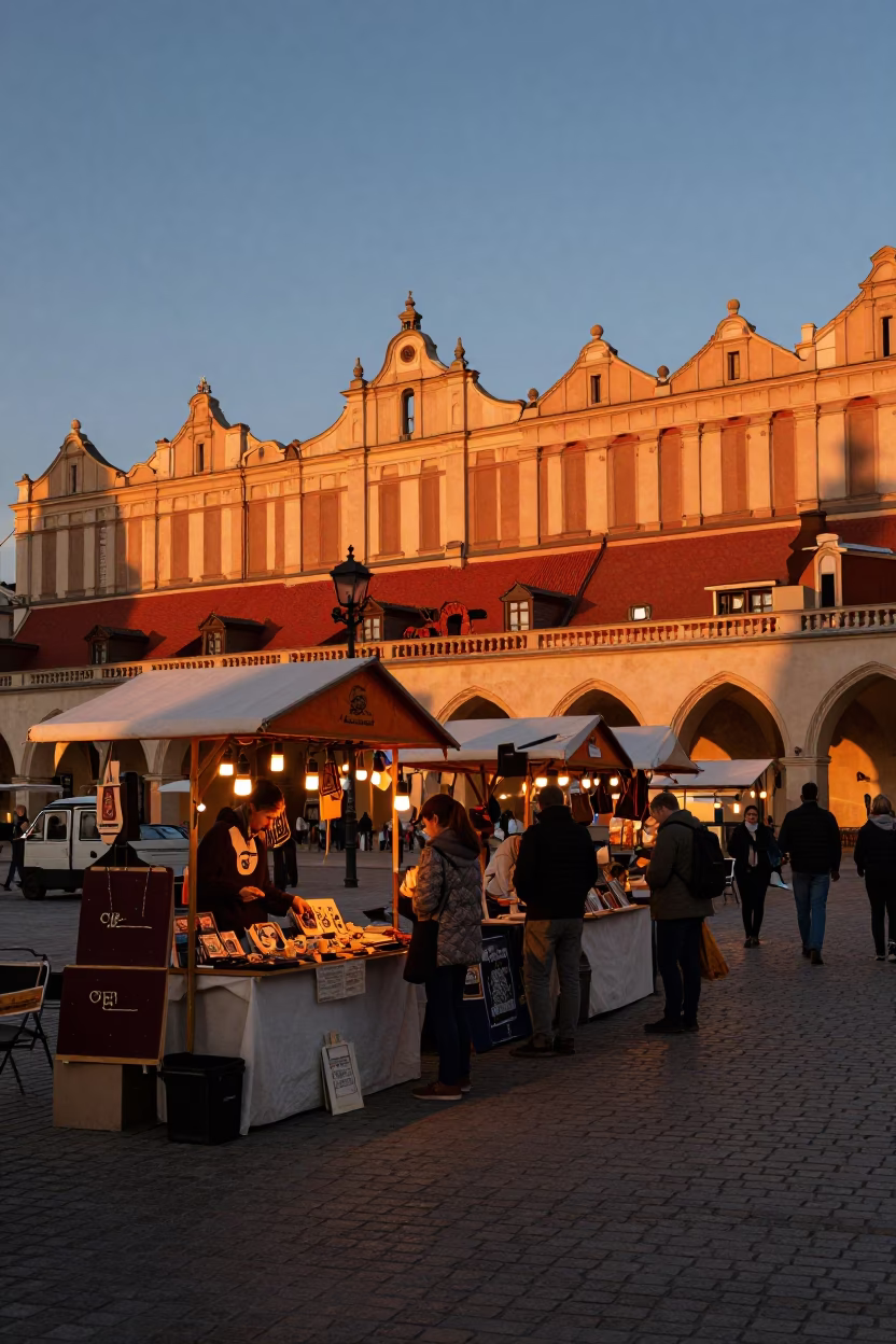 Vendor Stalls in Krakow at Copper-toned Light Before Dusk in in Krakow, Poland