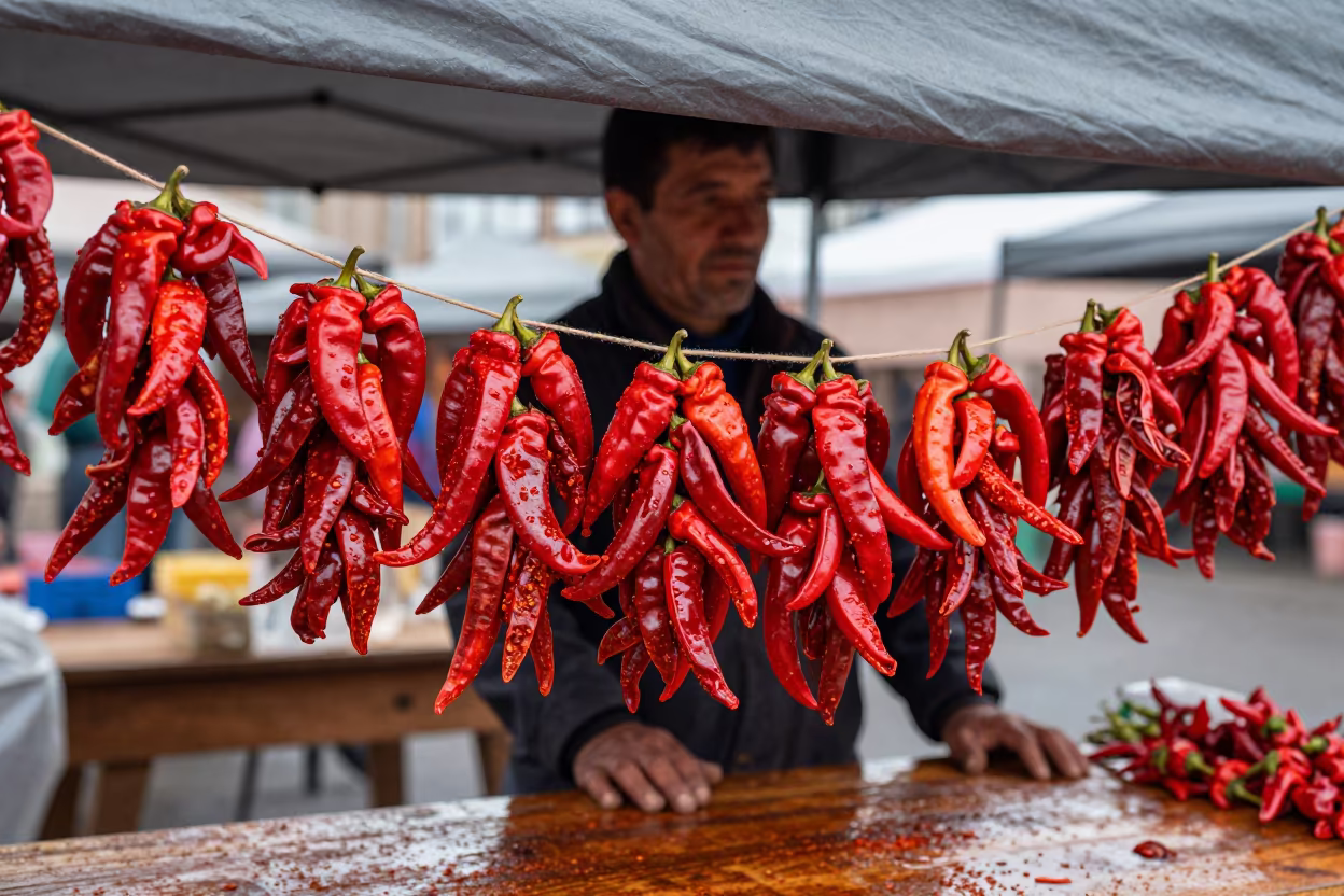 Vendor Stringing Chili Peppers in Santa Fe in under a market canopy in Santa Fe