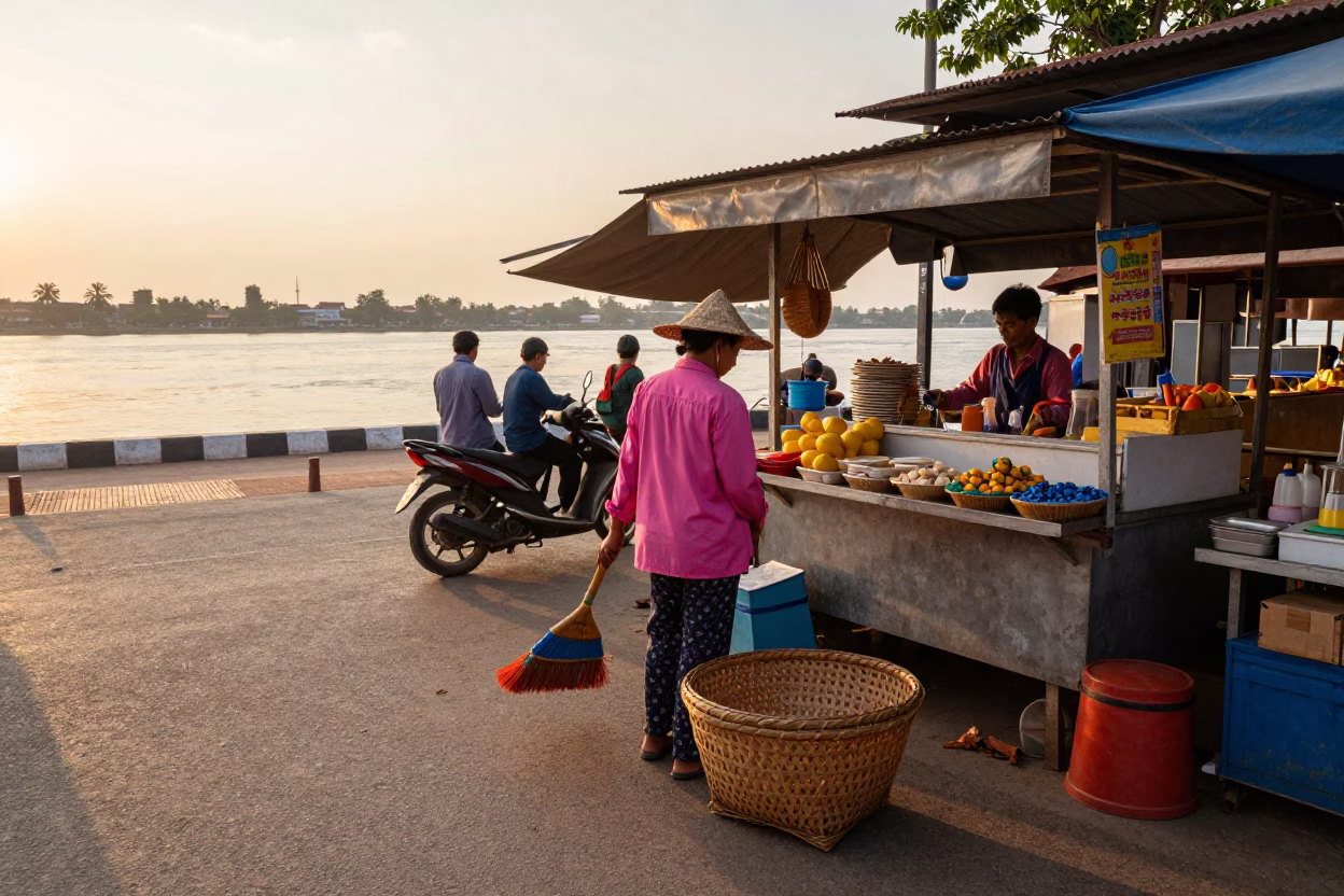 Vendor Sweeping in Phnom Penh in in Phnom Penh, Cambodia