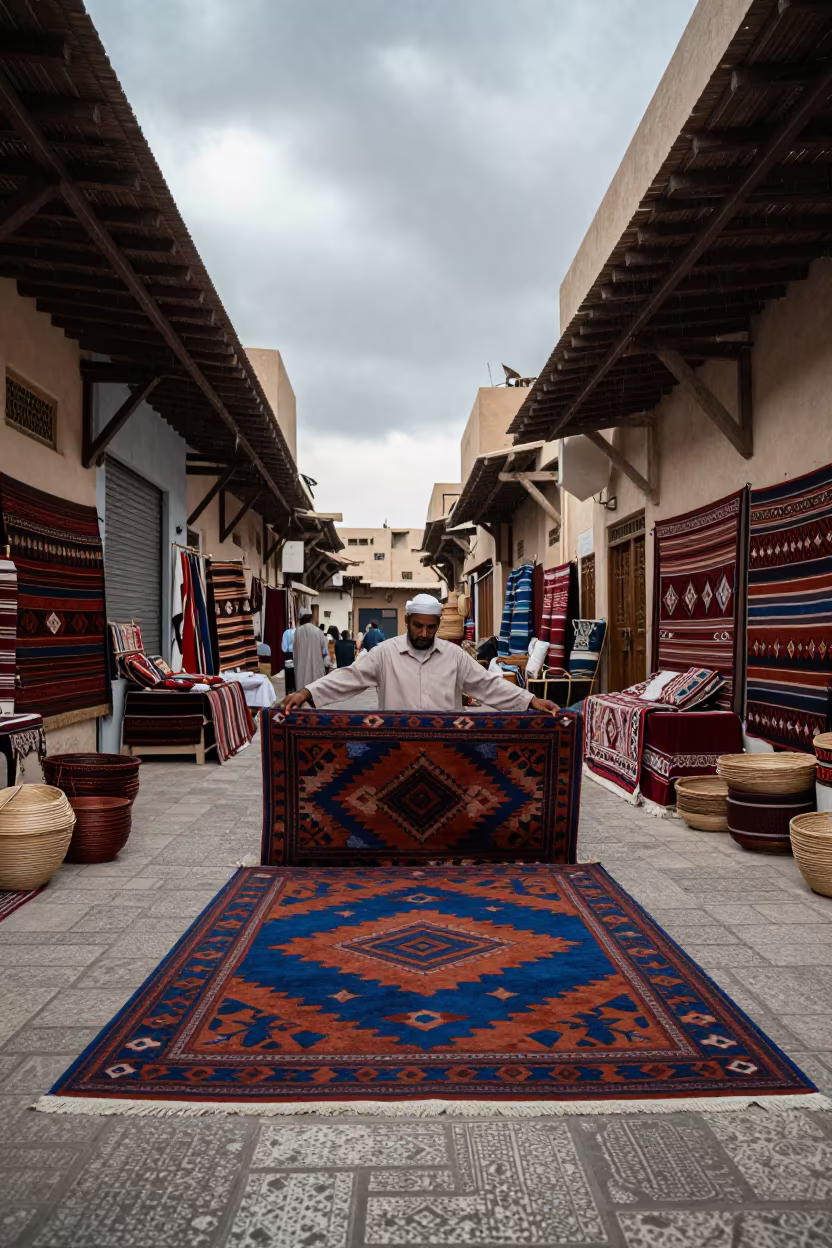 Vendor Unfurling Carpet in Dubai Bazaar in in a covered bazaar aisle in Dubai