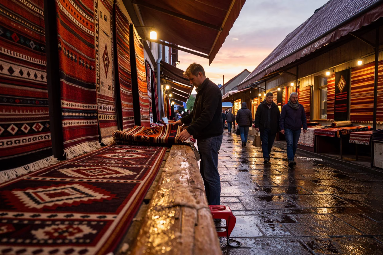 Vendor Unfurls Carpet in Torun Bazaar in in a covered bazaar aisle in Torun