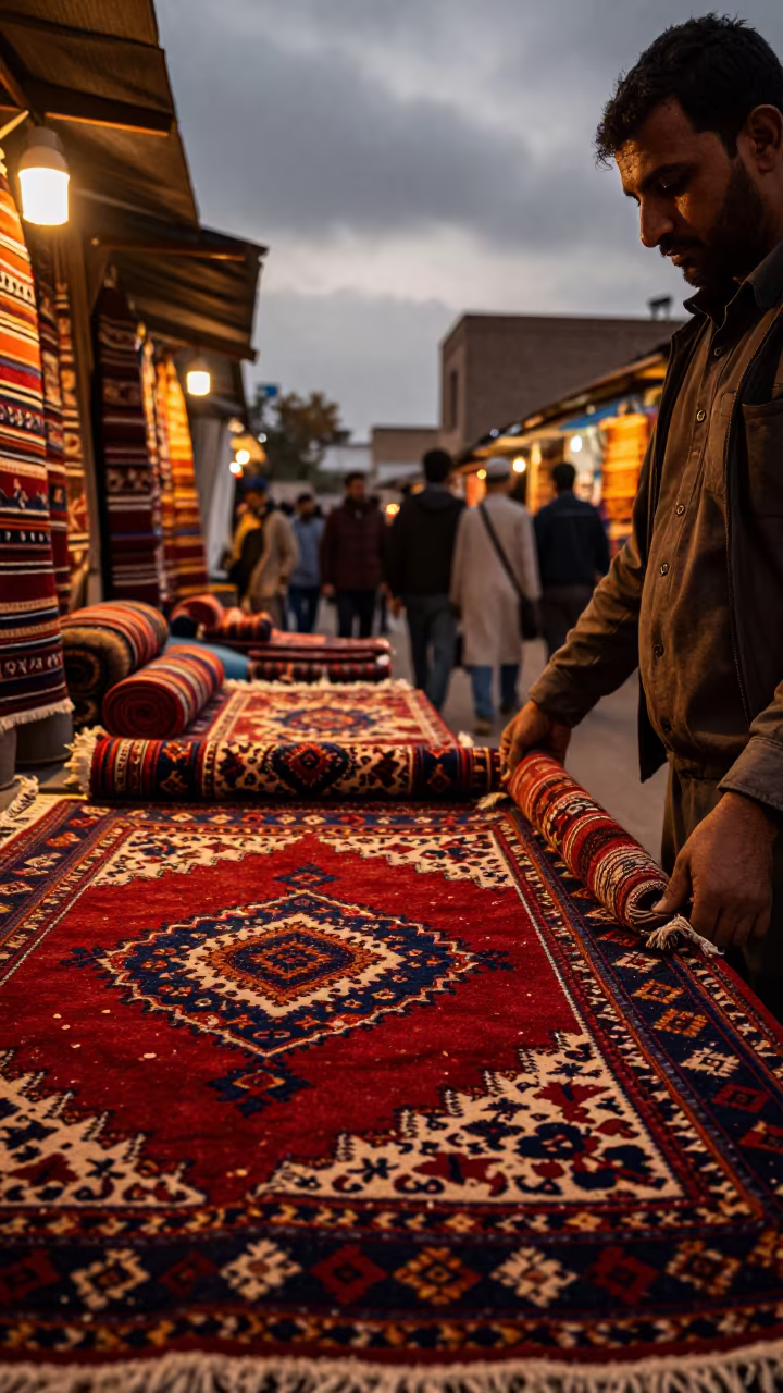 Vendor Unfurls Handwoven Carpet in Sohag Bazaar in at a textile trader's stall in Sohag