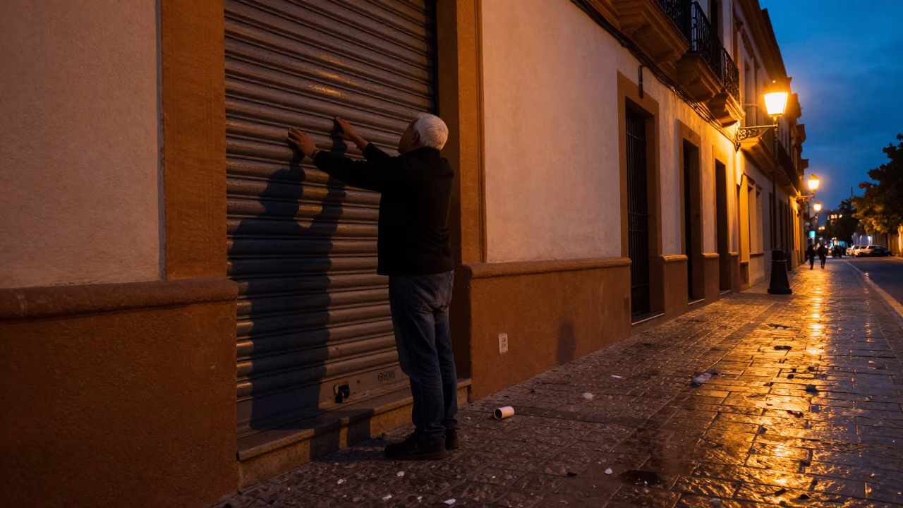 Vendor Waking in Seville at The Predawn Darkness Light in in Seville, Spain