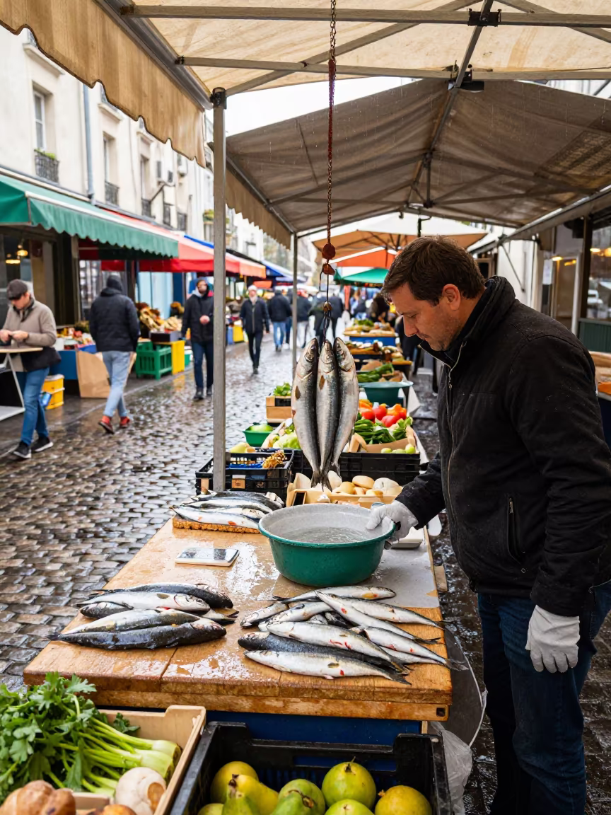 Vendor Weighing Sardines Paris Flea Market in in a flea market lane in Paris