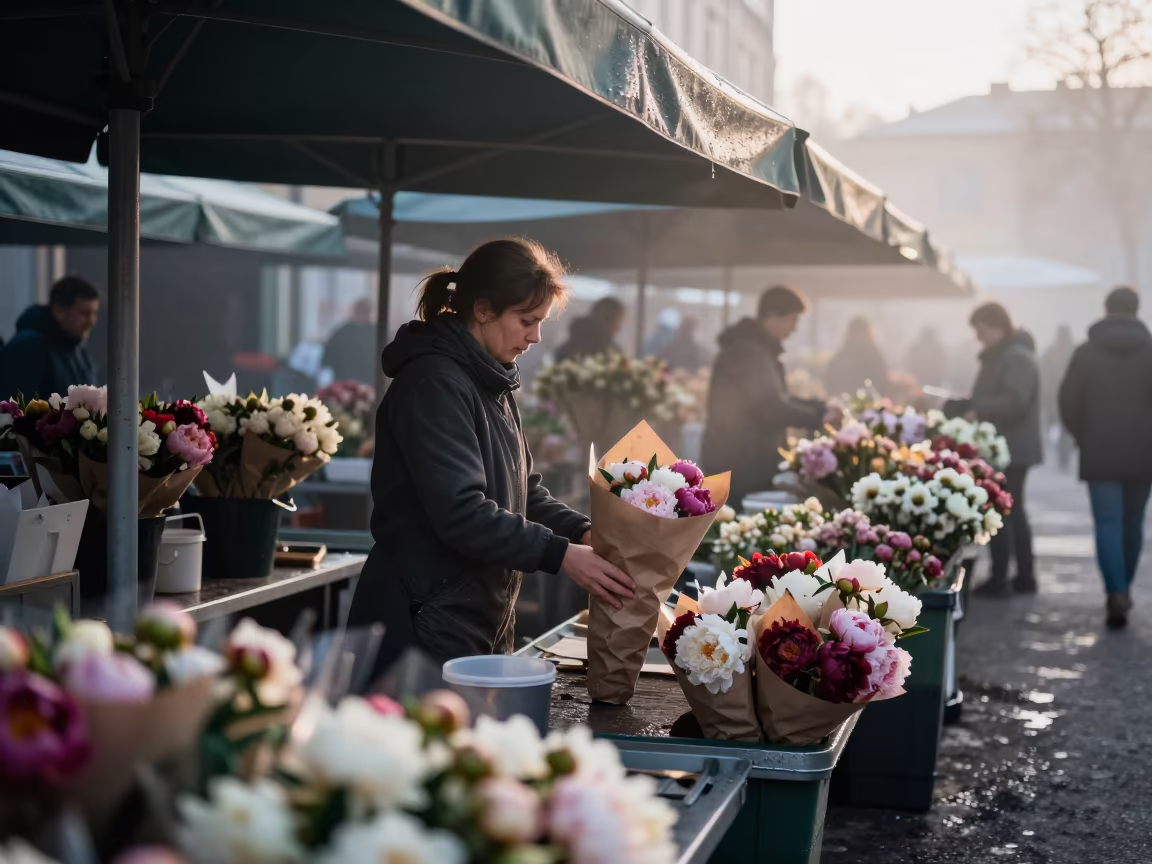 Vendor Wraps Peonies at Tampere Flower Market Dawn in at a flower auction bench in Tampere