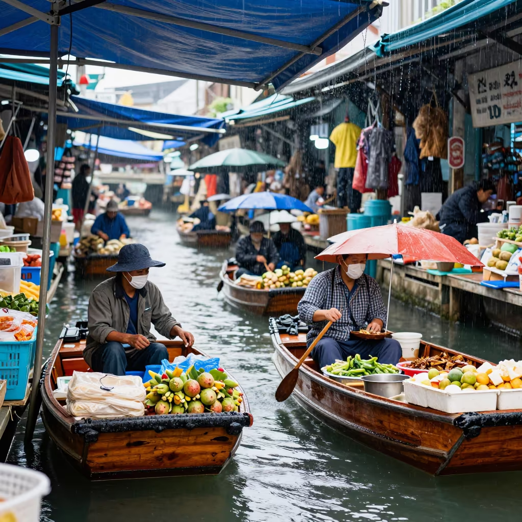 Vendors Exchange Goods Between Wooden Boats in under a market canopy in Seomyeon, Busan