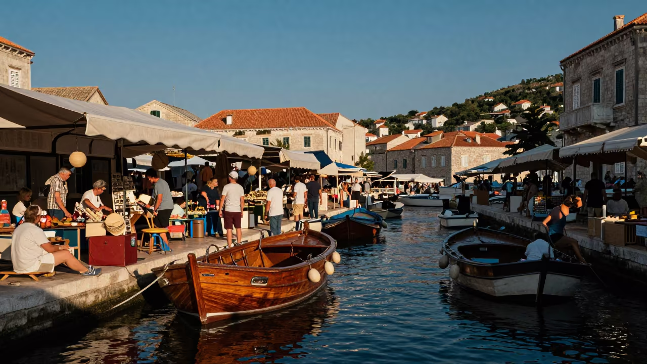 Vendors Exchanging Goods in Dubrovnik Canal Market in under a market canopy in Dubrovnik