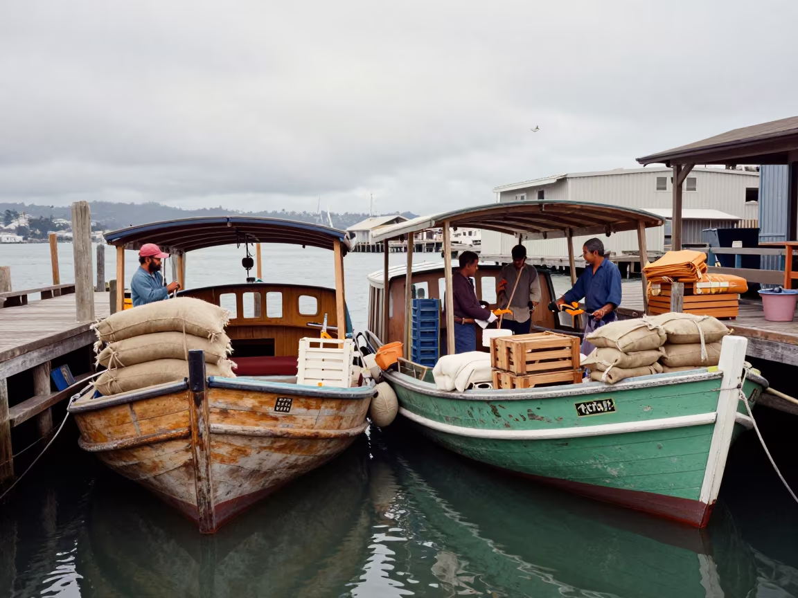 Vendors Trade Goods on Wooden Boats in San Francisco Canal in in a flea market lane in Fisherman's Wharf, San Francisco