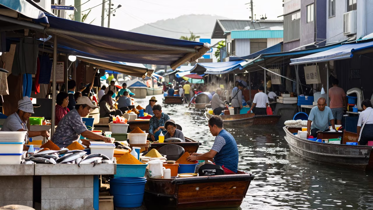 Vendors Trading Fish at Busan Canal Market in beside a fish counter in Busan