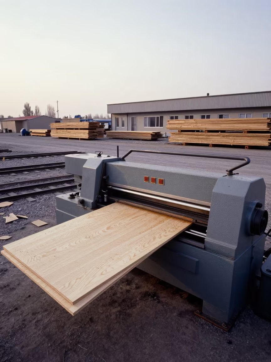 Veneer Sheets Peeling from Lathe at Tabriz Rail Yard in at a rail yard near Tabriz
