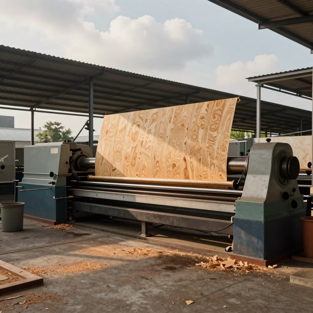 Veneer Sheets Peeling from Lathe in Turbine Hall in in a turbine hall near Bandar Lampung