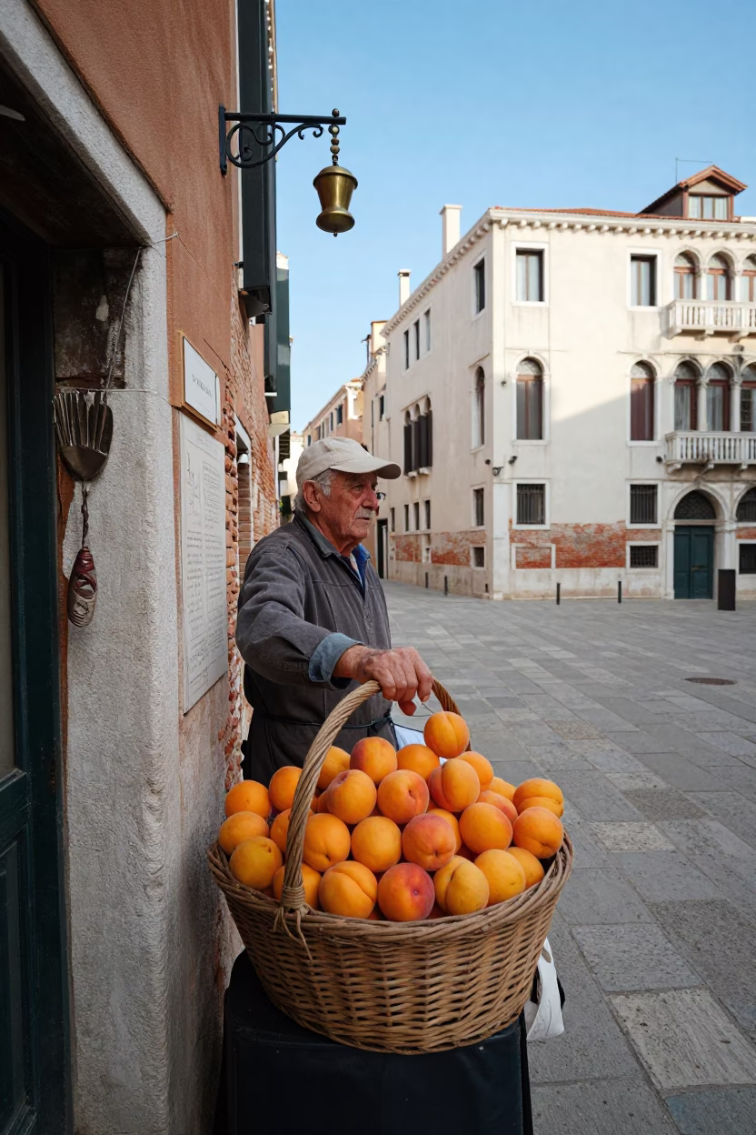 Venetian Afternoon Scene with Brass Wine Opener and Apricots in in Venice, Italy