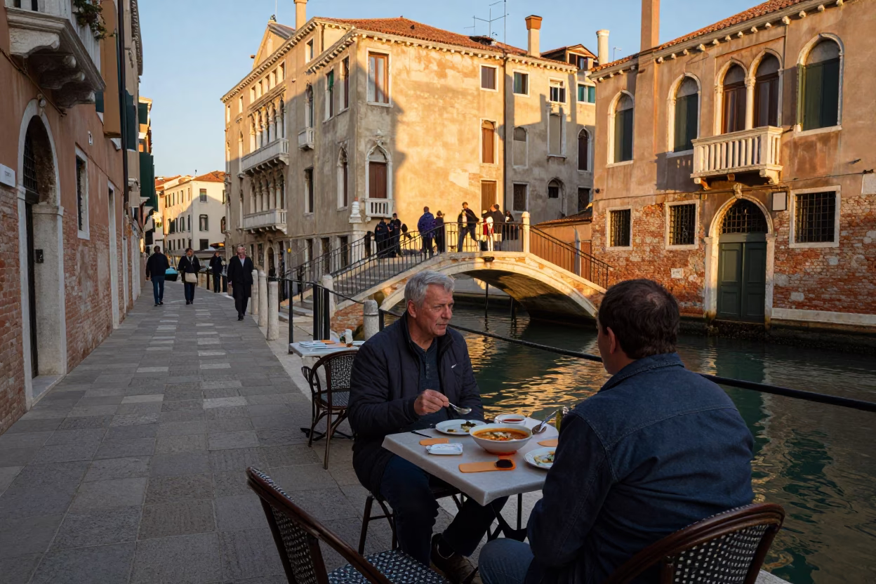 Venetian Afternoon Street Scene with Traditional Minestrone Soup Bowl in in Venice, Italy
