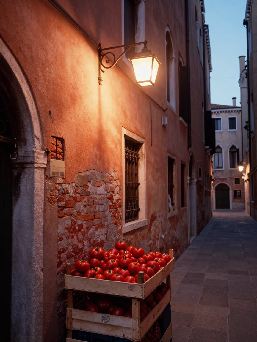 Venetian Alleyway Before Dusk with Wall Sconce and Tomato Vendor in in Venice, Italy