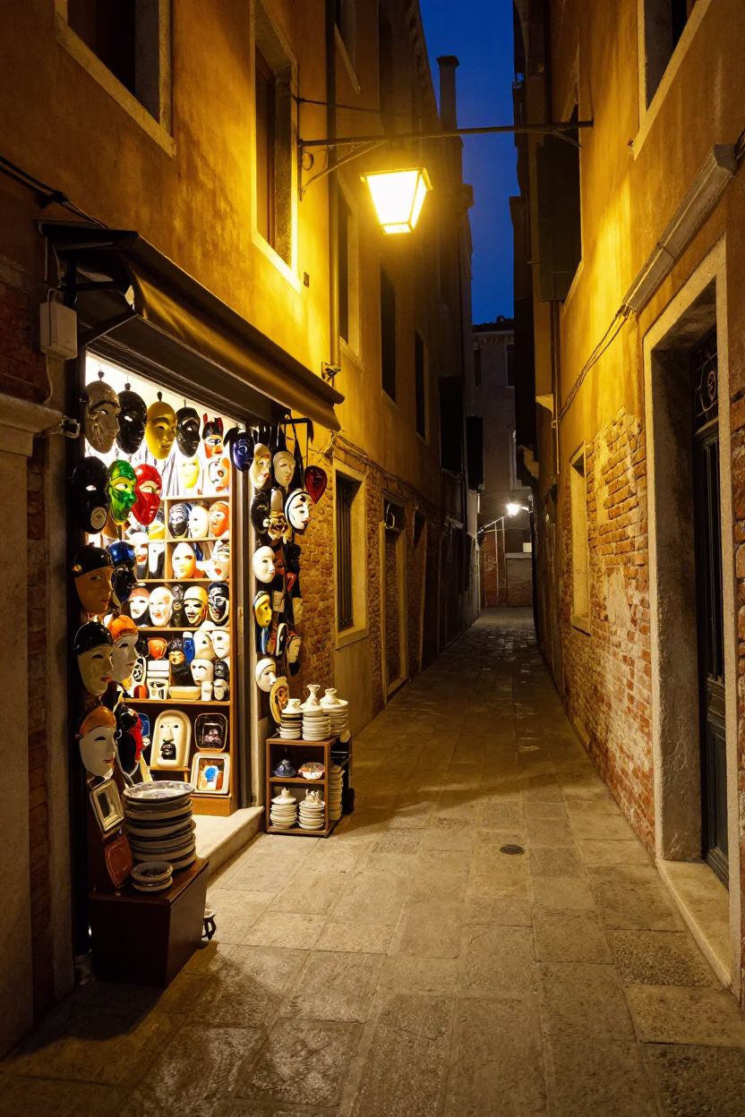 Venetian Alleyway in Venice at Late At Night Light in in Venice, Italy