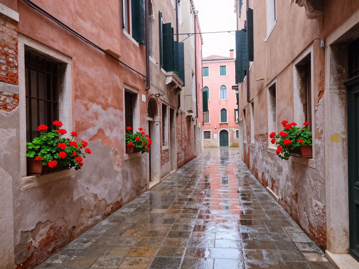 Venetian alleyway morning after rain with geraniums and wet stone in in Venice, Italy