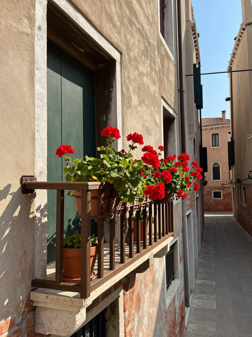 Venetian Alleyway Morning Light with Geraniums and Woven Basket Fibers in in Venice, Italy