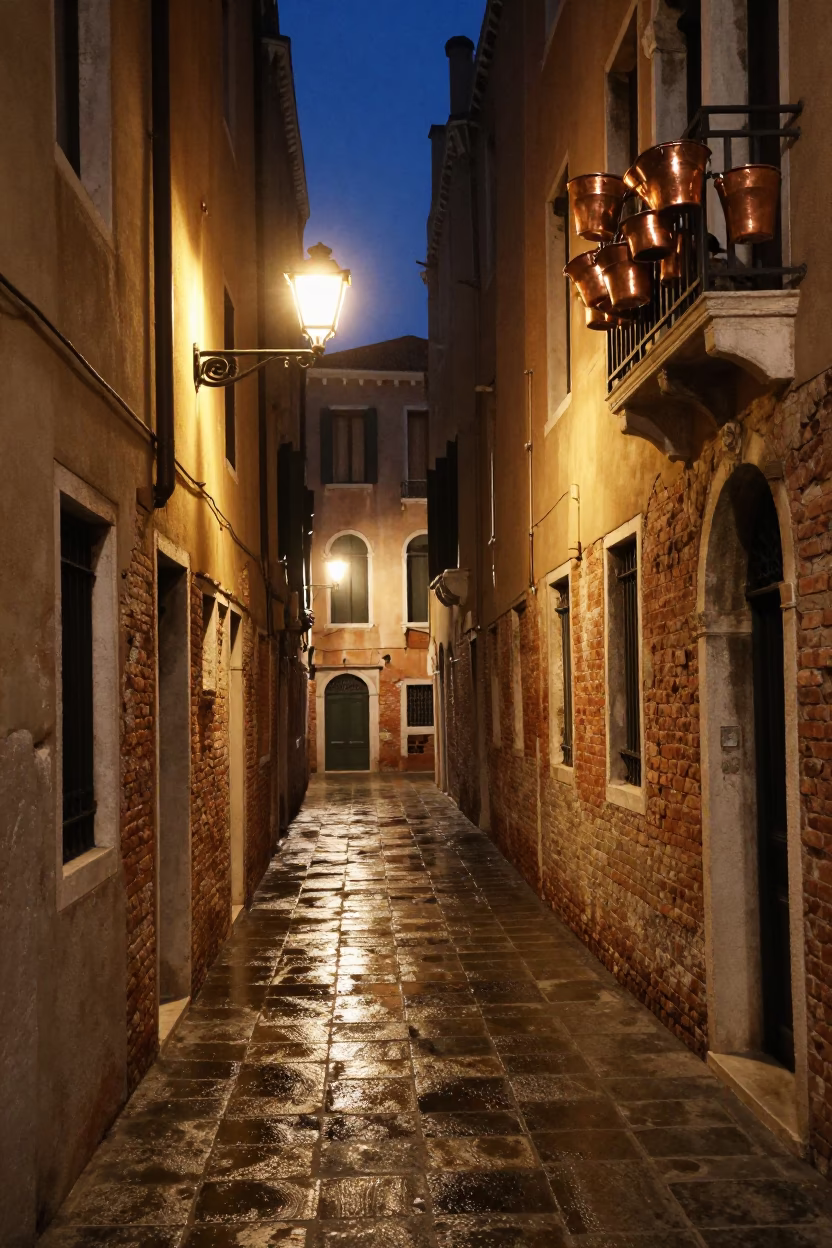Venetian Alleyway Night Scene With Copper Pots And Bougainvillea in in Venice, Italy