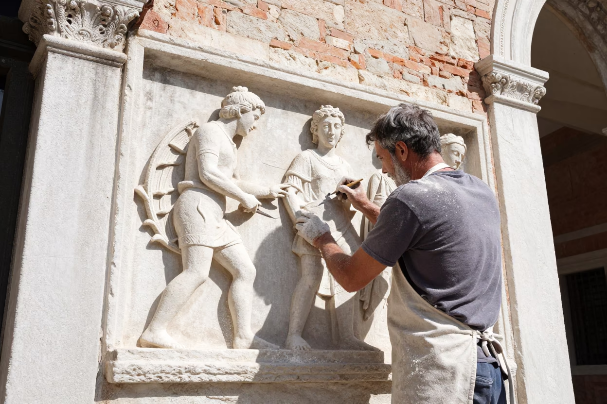 Venetian Artisan Carving Stone Relief in Bright Midmorning Light in in Venice, Italy
