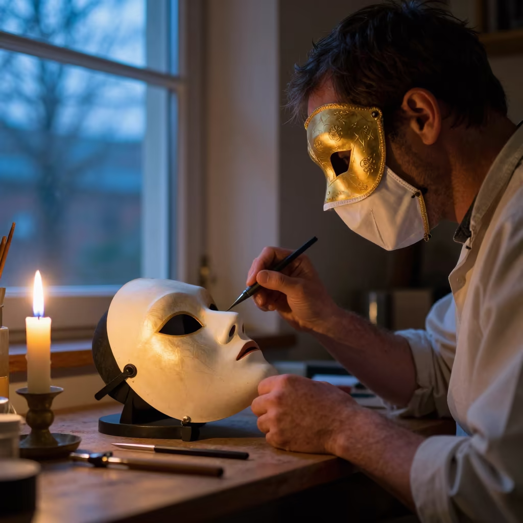Venetian Artisan Gilding Plague Mask in in a workshop in Venice