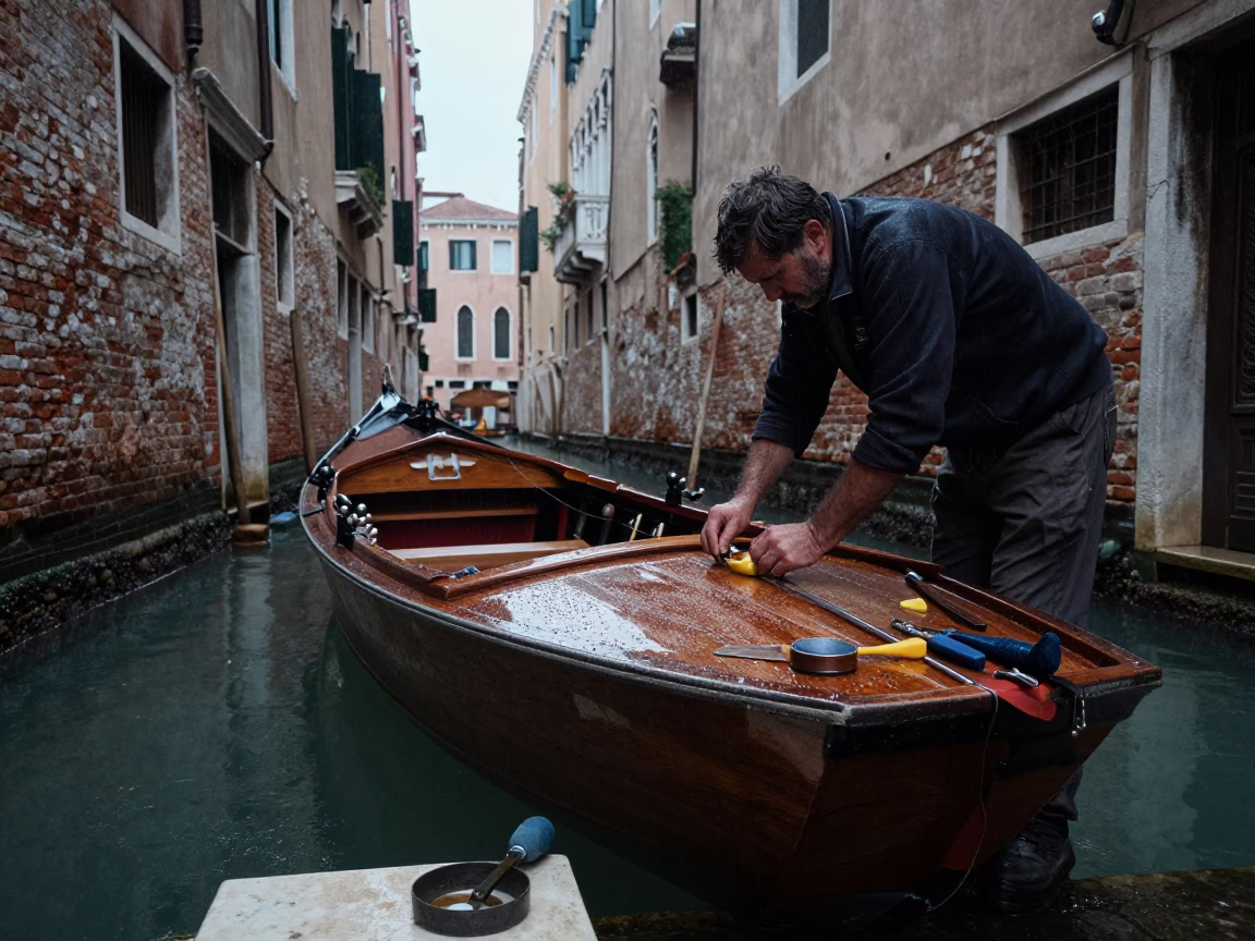 Venetian artisan repairing canal boat with tools under dusk rain in in Venice, Italy