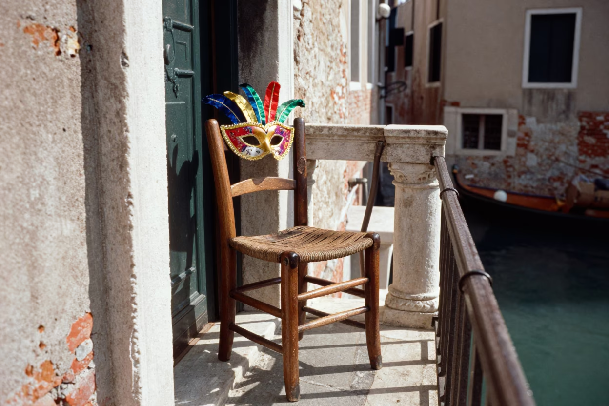 Venetian Balcony with Mardi Gras Mask in Bright Midmorning Light in in Venice, Italy