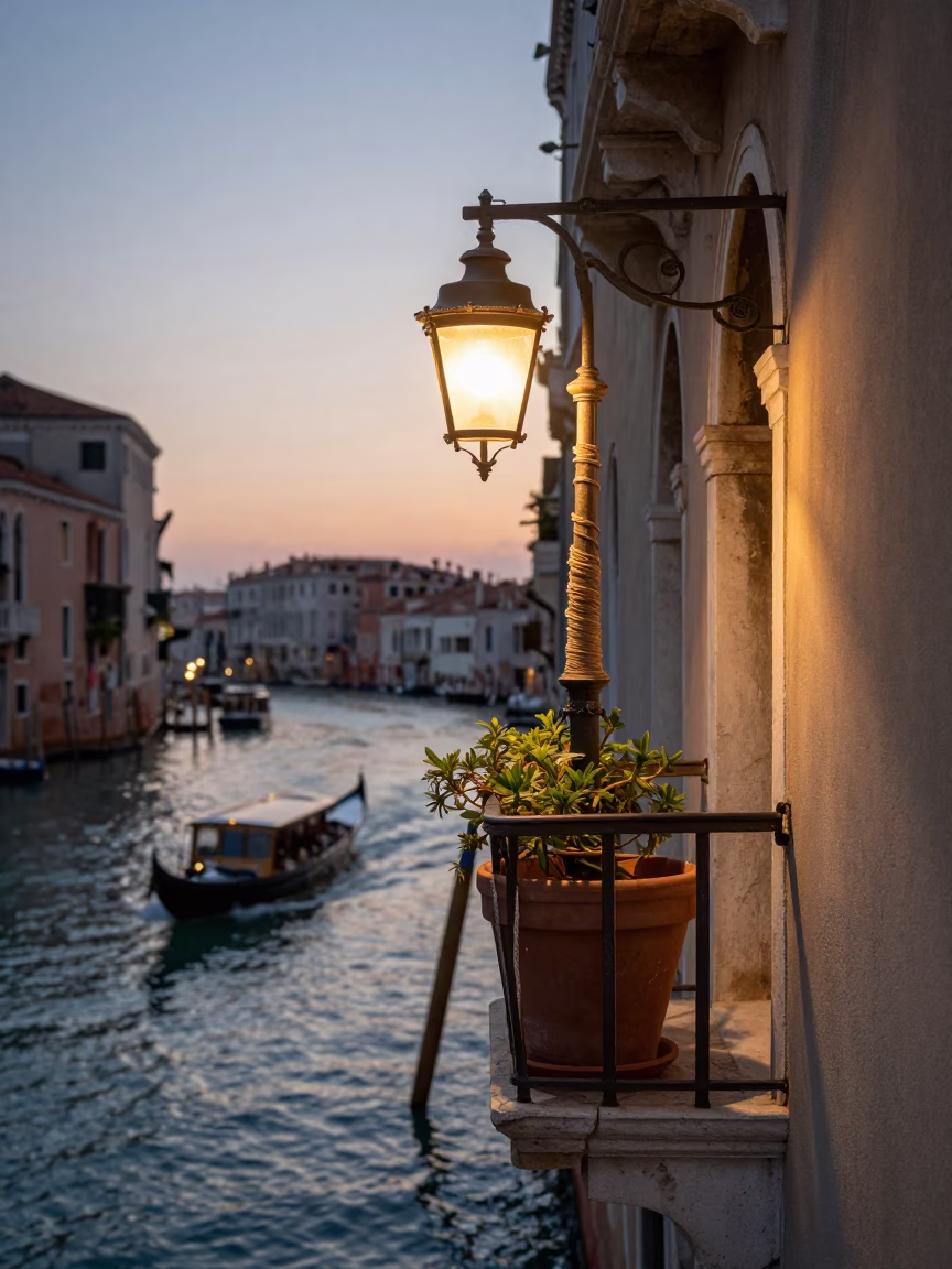 Venetian Balcony with Twine Wrapped Lamp Base and Houseplant in Copper Dusk Light in in Venice, Italy