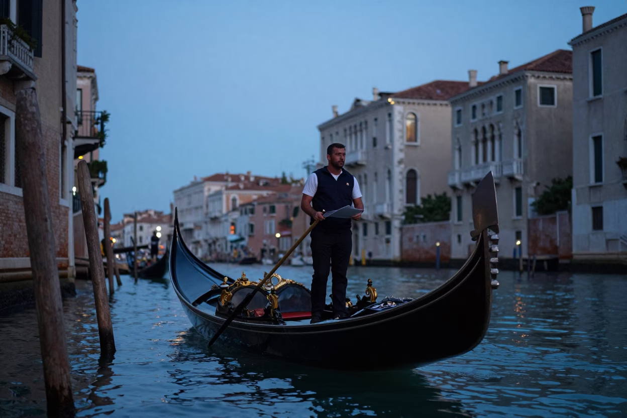Venetian Blue Hour Canal Scene with Worker and Clipboard in in Venice, Italy