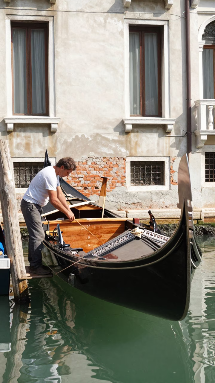 Venetian Boat Builder Planing Hull in Bright Midmorning Light in Venice Italy in in Venice, Italy