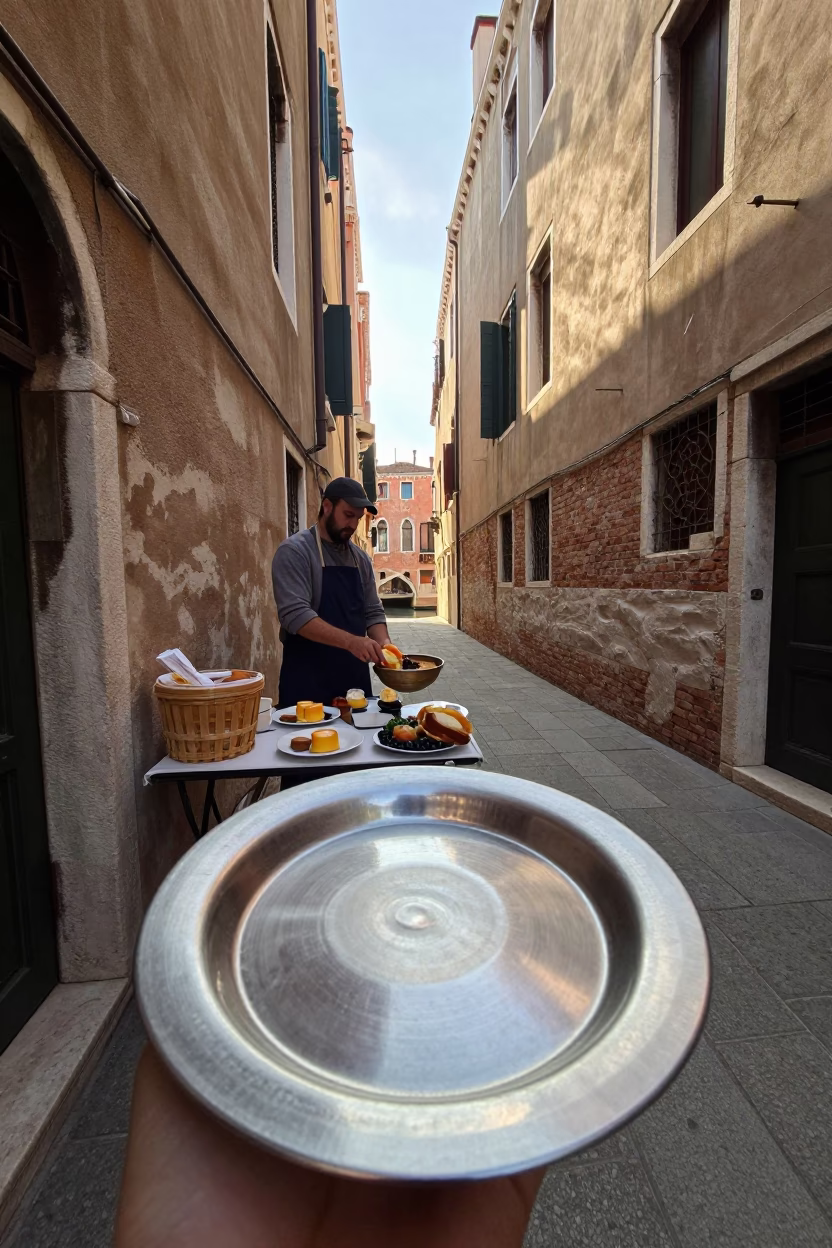 Venetian Breakfast Scene with Brushed Steel Saucer and Woven Basket Fibers Catching Morning Light in in Venice, Italy