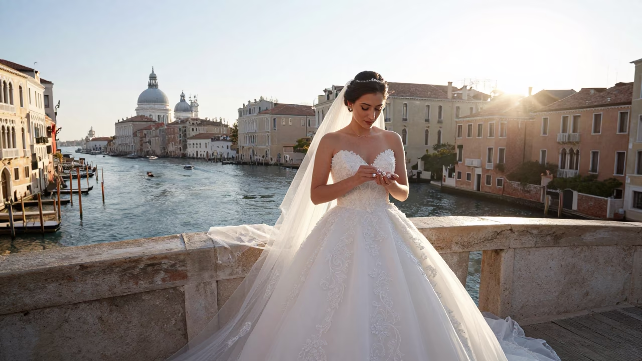 Venetian Bride Adjusting Diamond Rings in Morning Light Near Grand Canal in in Venice, Italy