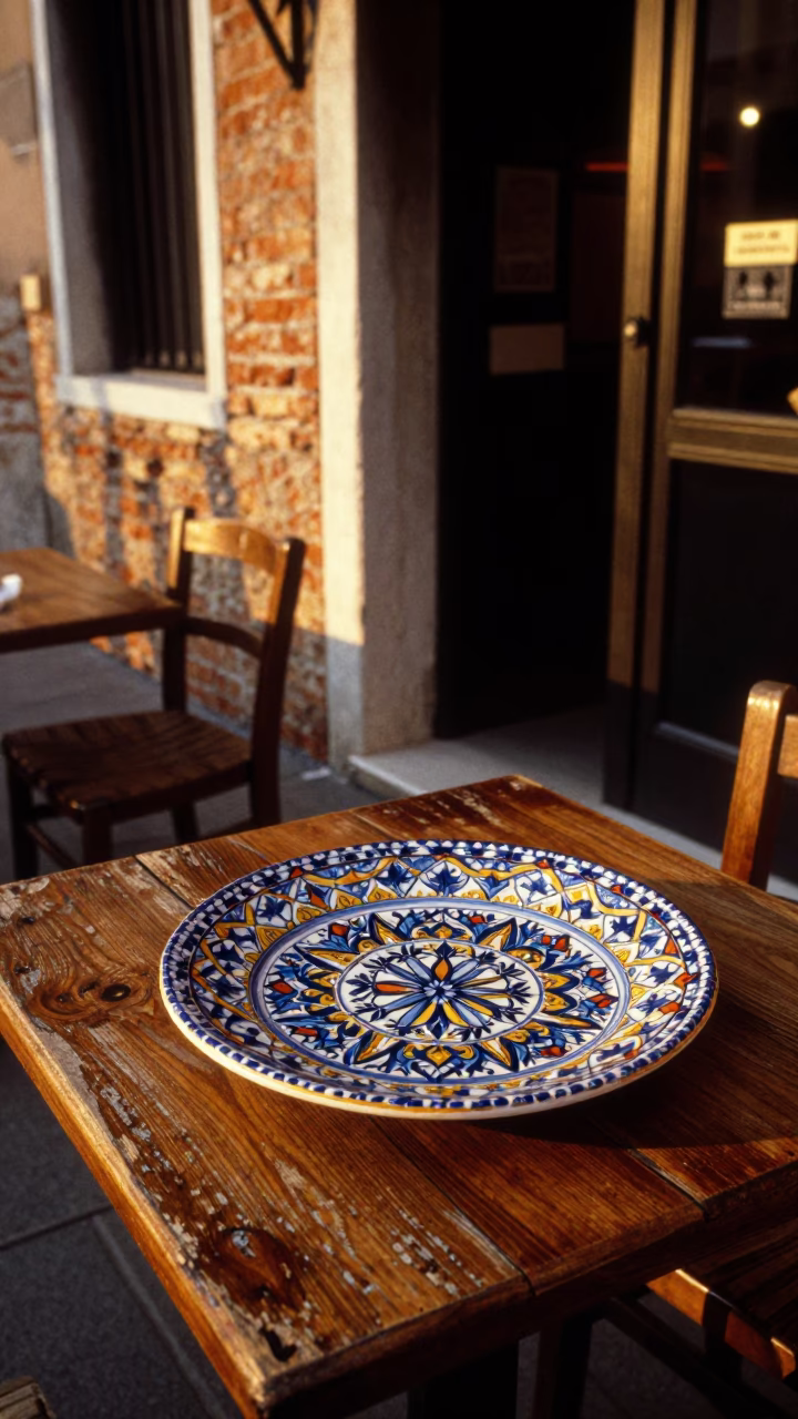 Venetian Café Table with Vintage Majolica Plate and Fingerprints in Honeyed Evening Light in in Venice, Italy