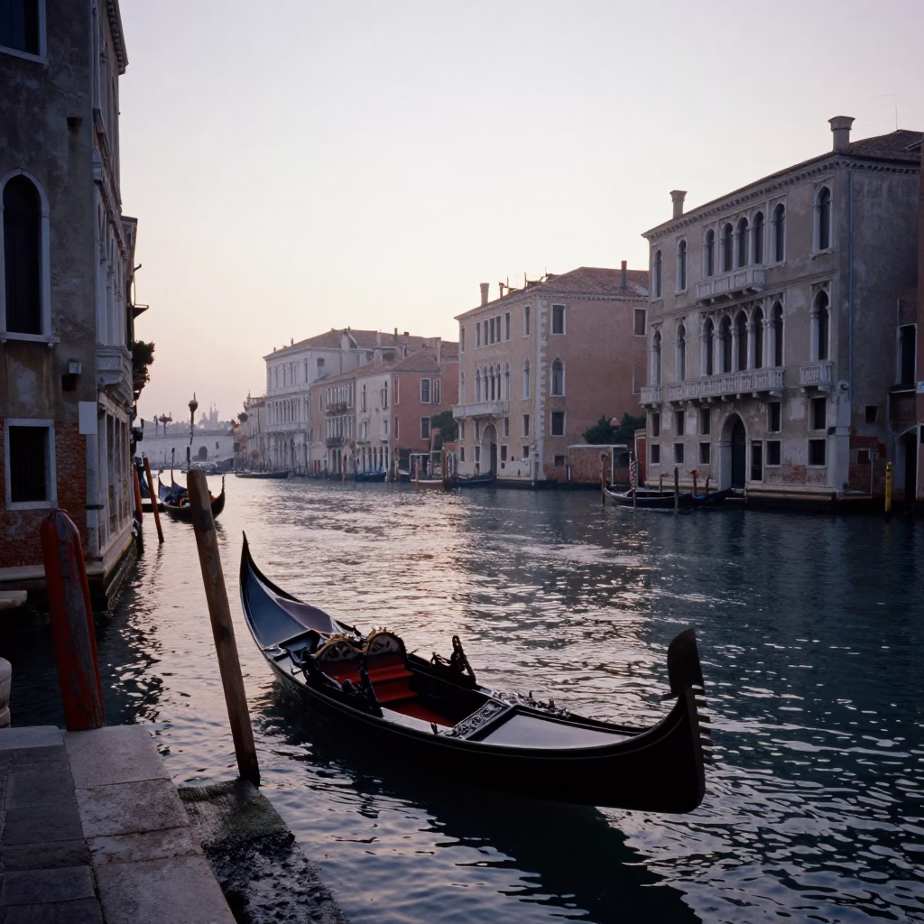 Venetian Canal at Dawn with Gondola and Historic Architecture in in Venice, Italy