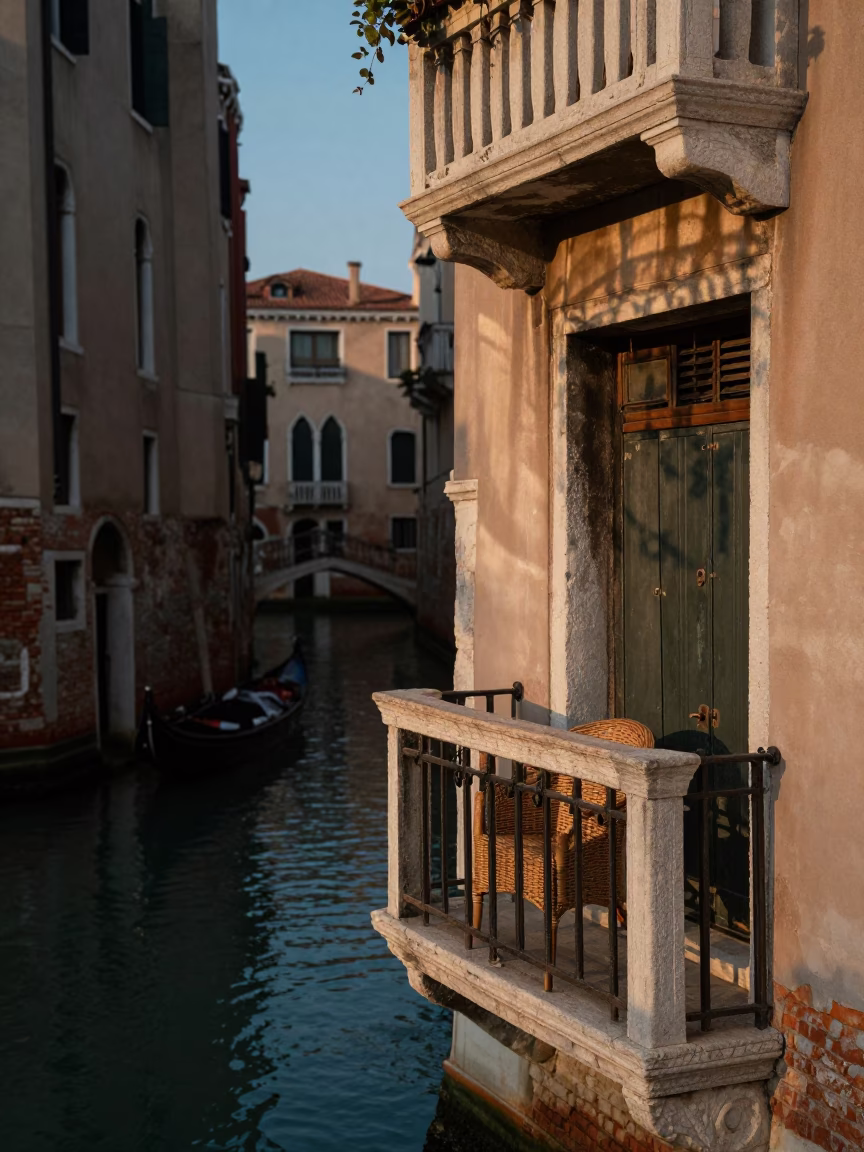 Venetian canal balcony evening with wicker shadow and embroidered thread in in Venice, Italy