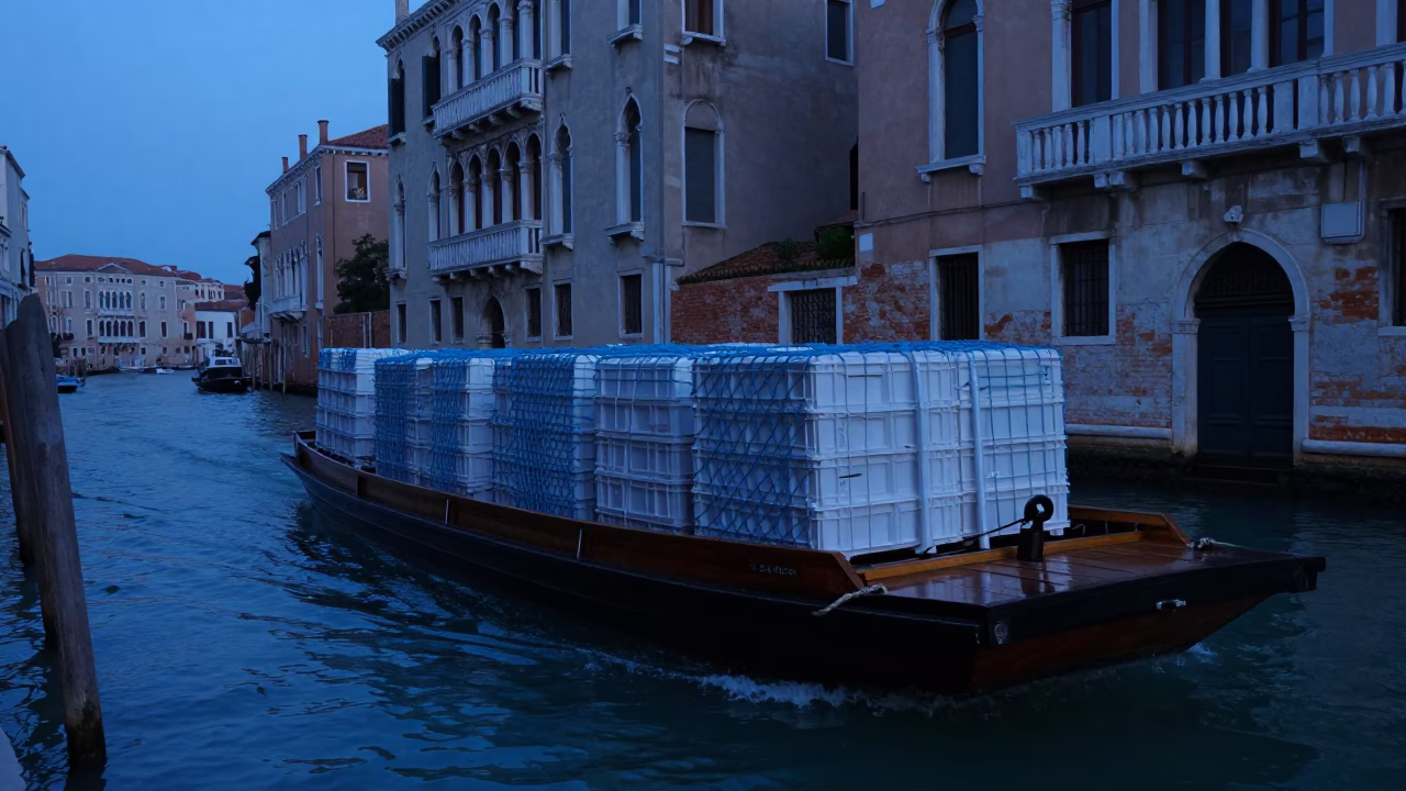 Venetian Canal Barge Cargo Transport in Indigo Twilight After Sunset in in Venice, Italy