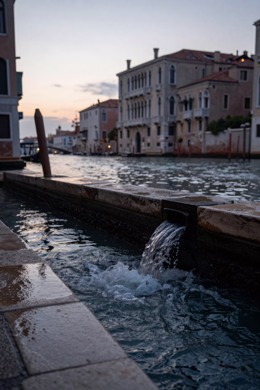 Venetian Canal Before Dawn with Storm Drain and Weathered Stucco in in Venice, Italy