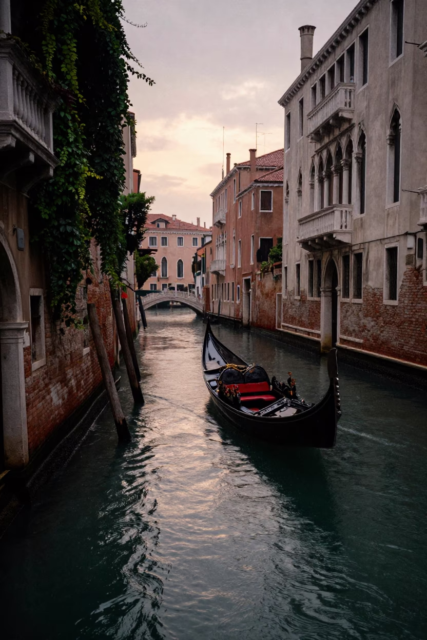 Venetian canal dusk rain reflection gondola silhouette ivy in in Venice, Italy