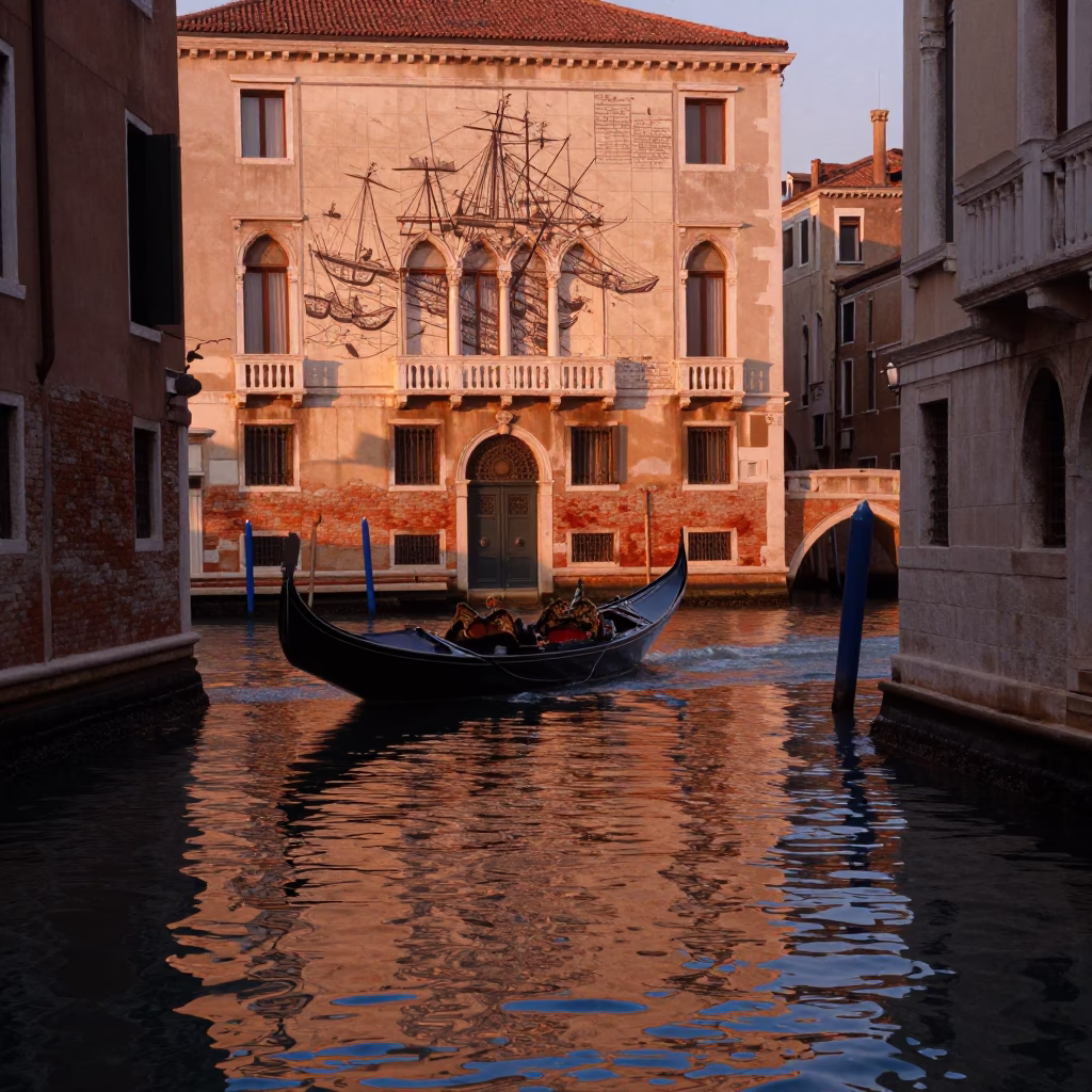 Venetian Canal Dusk with Antique Nautical Chart and Speedboat Reflection in in Venice, Italy