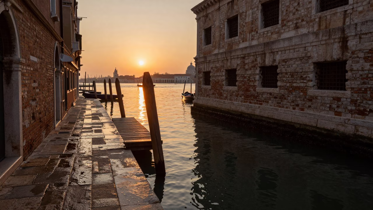 Venetian Canal Evening Light Reflecting on Weathered Brick Walls and Wooden Dock in in Venice, Italy