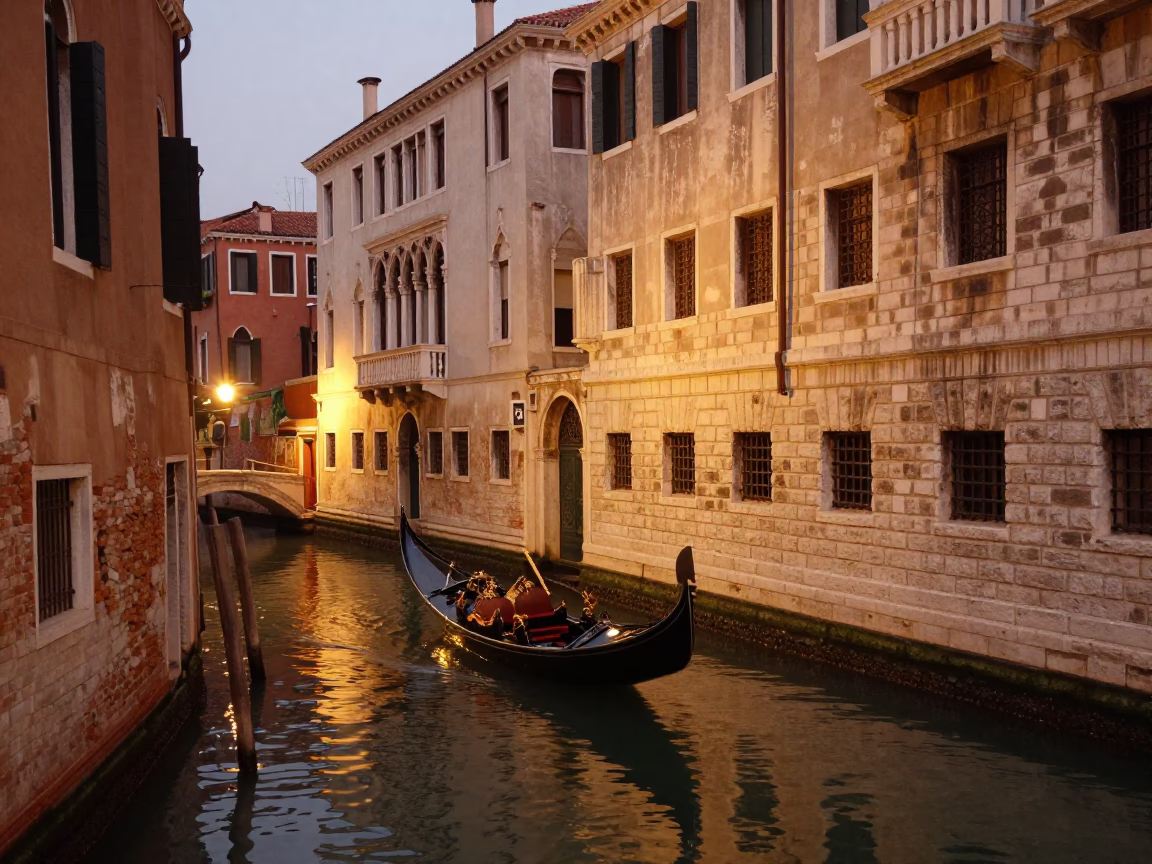 Venetian Canal Evening Light with Historic Architecture and Gondola Reflections in in Venice, Italy