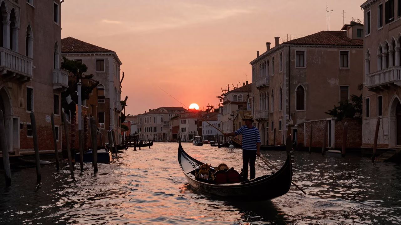 Venetian Canal Evening Scene with Gondolier and Fishing Floats in Copper Light in in Venice, Italy