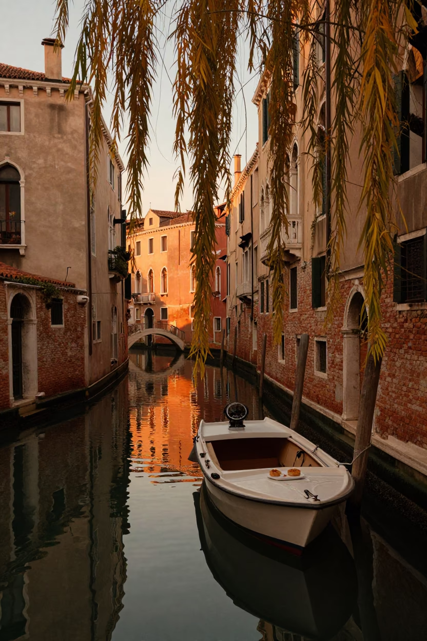 Venetian Canal Evening Scene with Houseboat and Pastries in Honeyed Light in in Venice, Italy