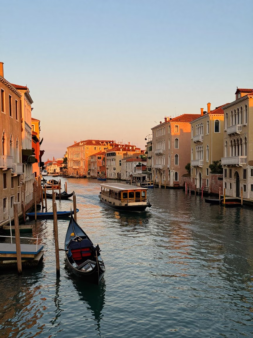 Venetian Canal Evening Scene with Vaporetto and Waterfront Architecture in in Venice, Italy
