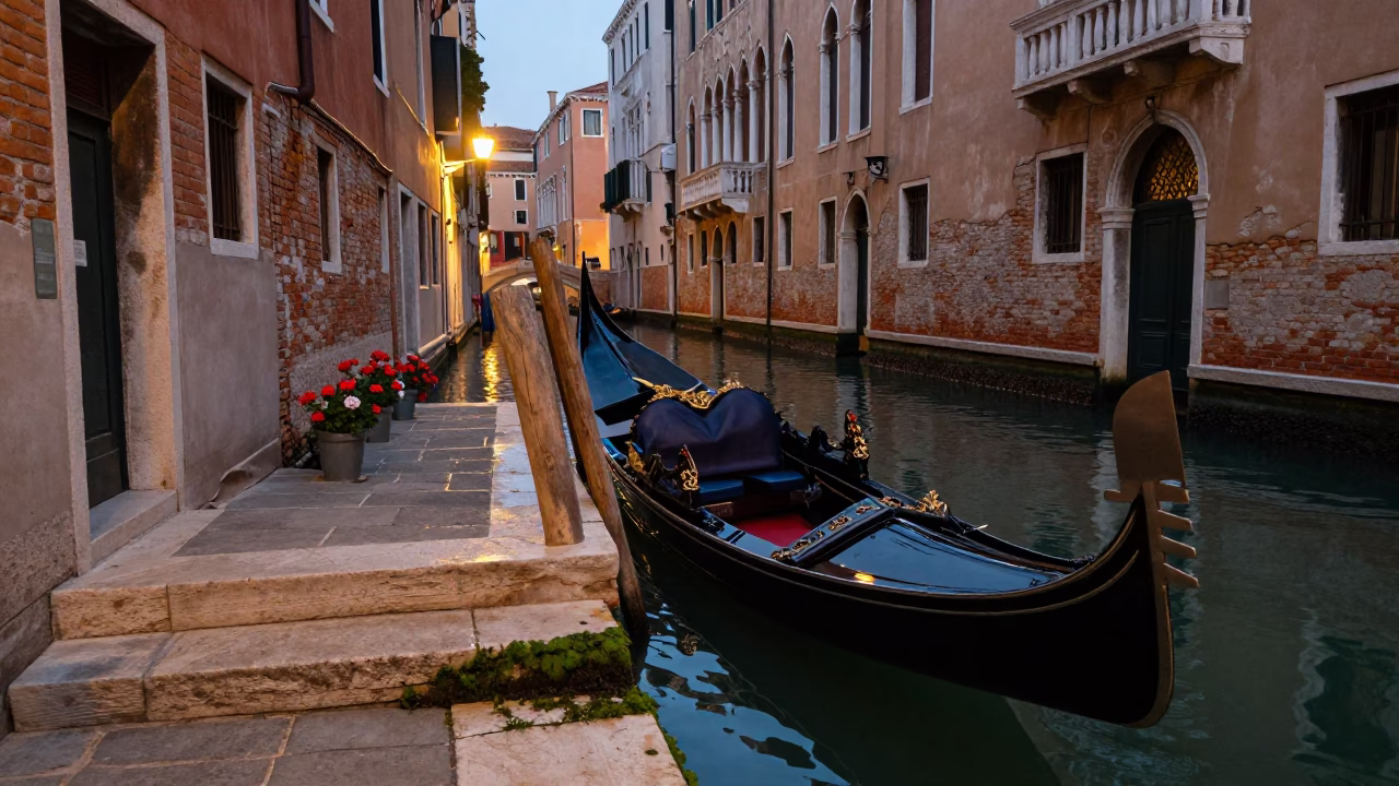 Venetian Canal Evening Stroll with Geraniums and Water Reflections in in Venice, Italy