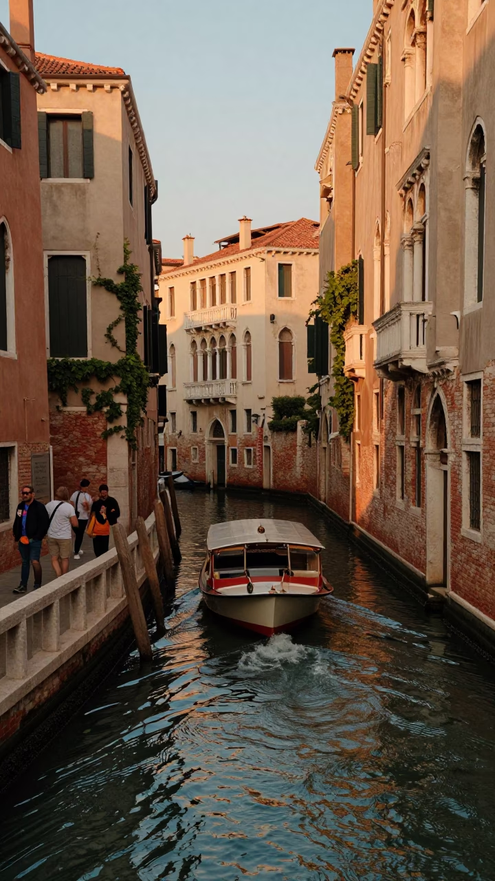 Venetian Canal Evening Stroll with Tourists and Historic Architecture in in Venice, Italy