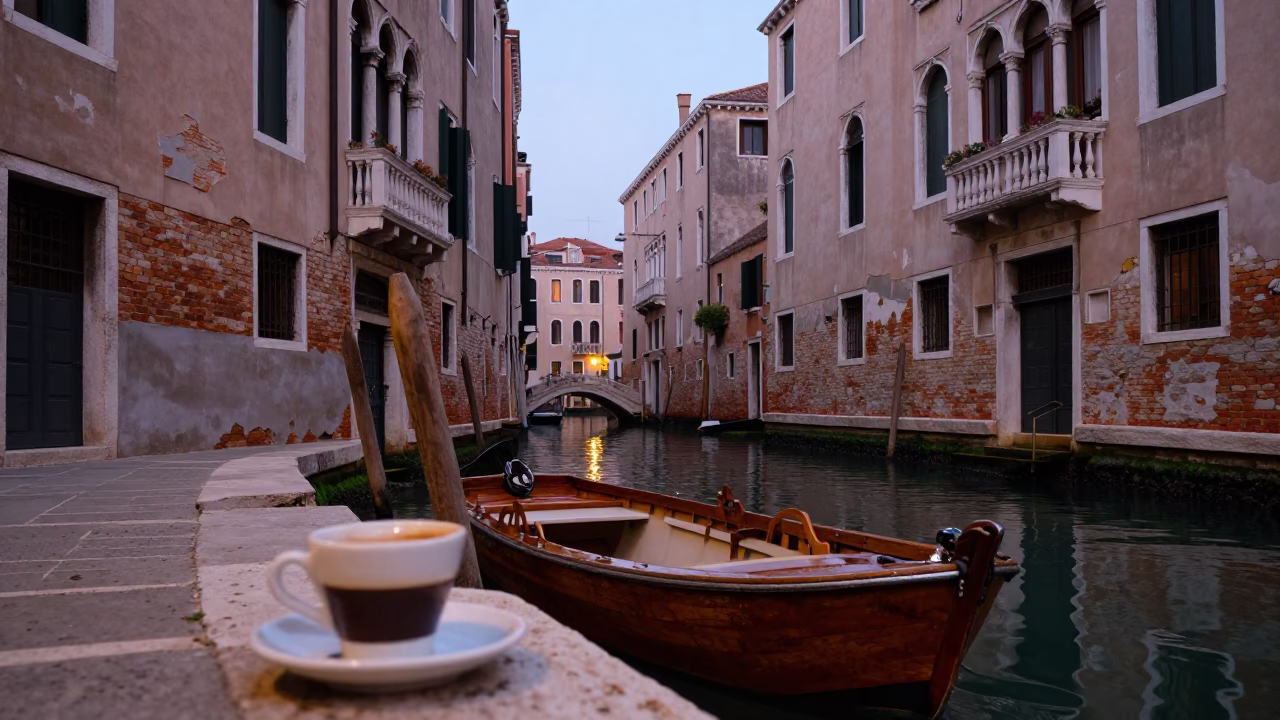 Venetian Canal Evening with Espresso Cup and Historic Bridge in in Venice, Italy