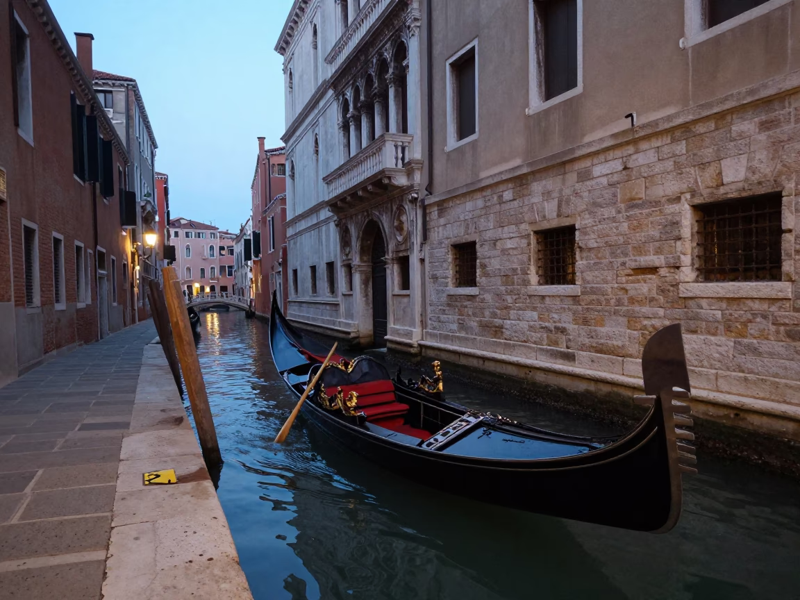 Venetian canal evening with gondola and historic stone architecture in in Venice, Italy