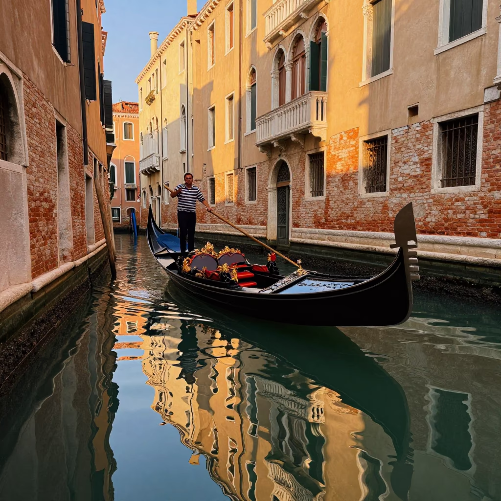 Venetian Canal Golden Hour Reflections and Traditional Gondola Transport in Italy in in Venice, Italy