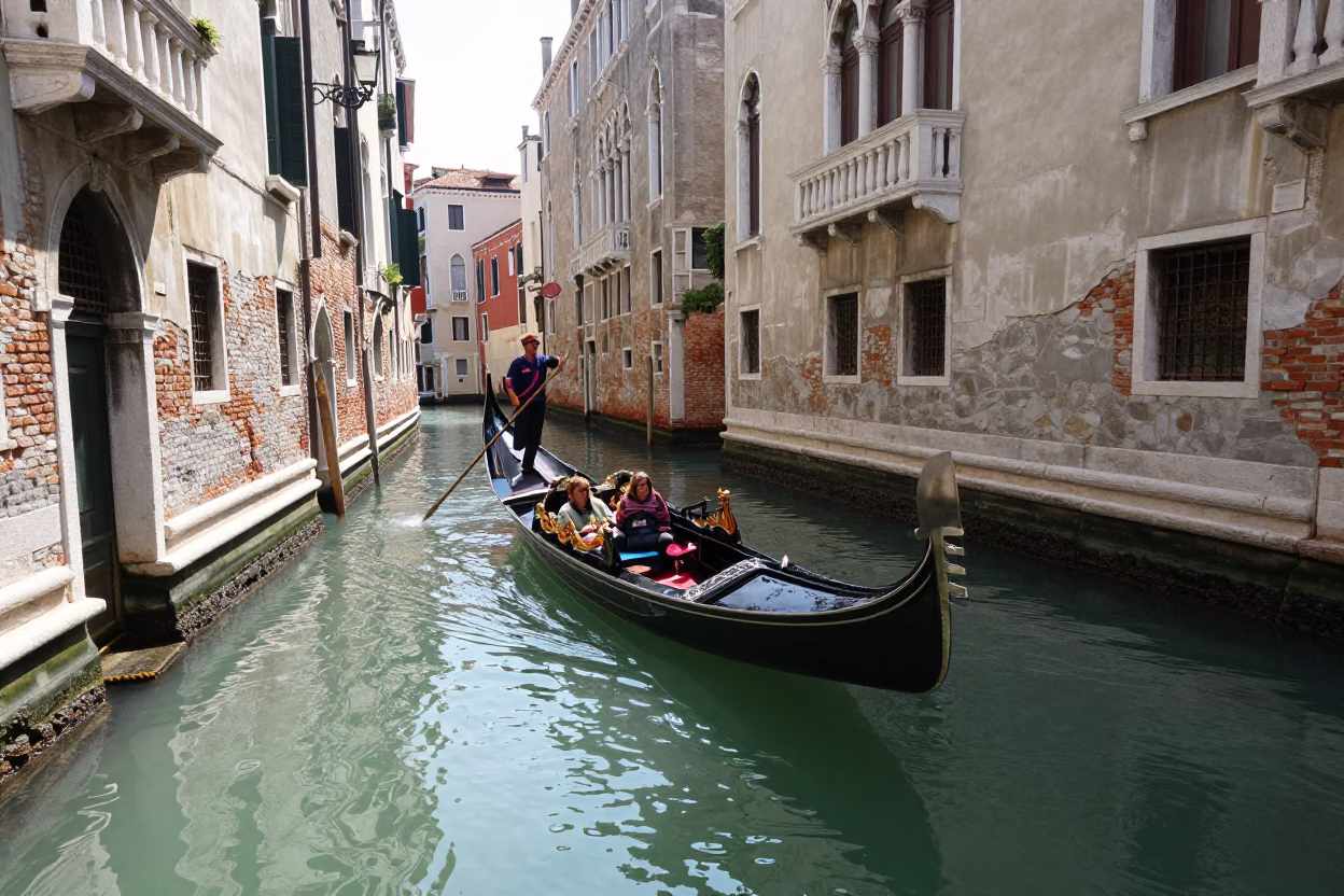Venetian Canal Gondola Passage in Bright Midmorning Light with Water Ripples in in Venice, Italy
