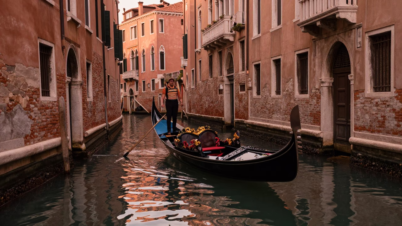 Venetian Canal Gondola Ride in Copper Dusk Light with Water Reflections and Historic Architecture in in Venice, Italy